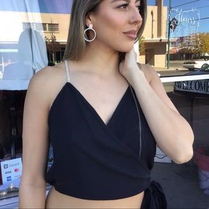 Black Crop Rhinestone Wrap Top M